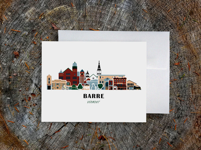 Greeting card with image of buildings arranged in a city skyline with the text Barre Vermont