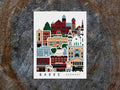 Vertical poster with buildings and landmarks in a stacked arrangement with the text Barre Vermont.