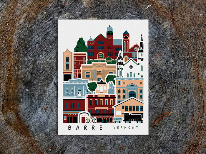 Vertical poster with buildings and landmarks in a stacked arrangement with the text Barre Vermont.