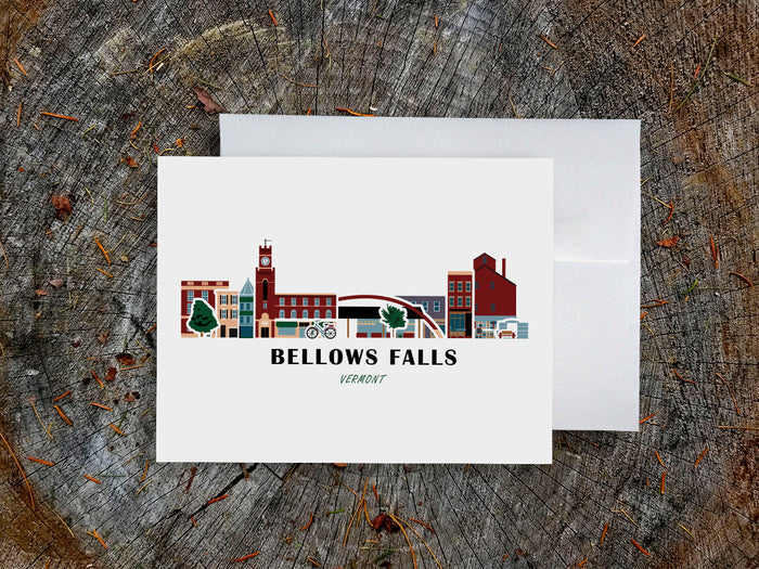 Greeting card with image of buildings arranged in a city skyline with the text Bellows Falls Vermont