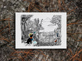 Illustration of a dog in a forest among birds on a wood surface.