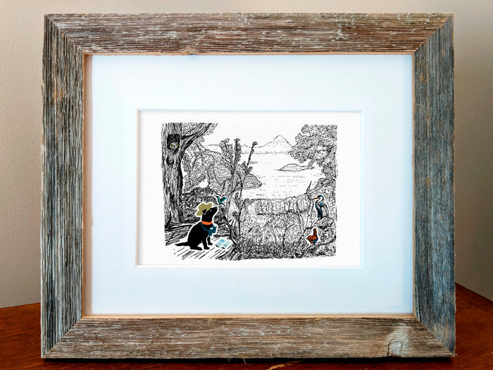 Framed illustration of a dog in a forest among birds.