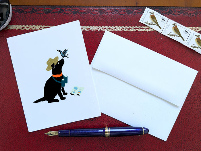 White card with drawing of a dog with binoculars and a hummingbird on a red surface with a pen,  envelope, and stamp.