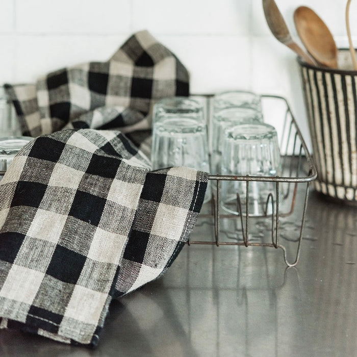 Black Natural Large Check | Thick Linen Kitchen Cloth