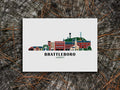 Art print of buildings arranged in a skyline with the text Brattleboro Vermont