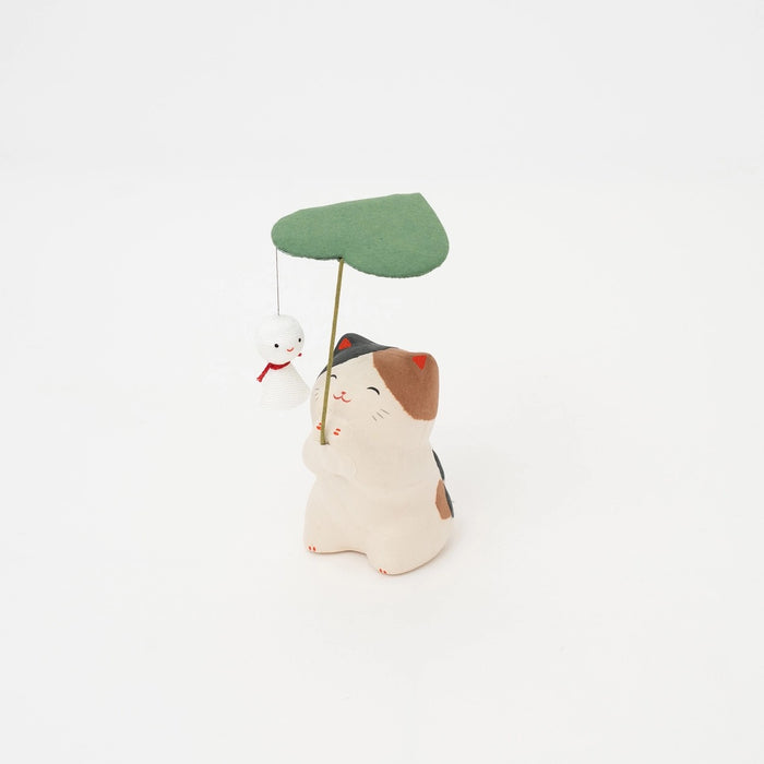 Ceramic Washi Cat w/ Leaf Figurine