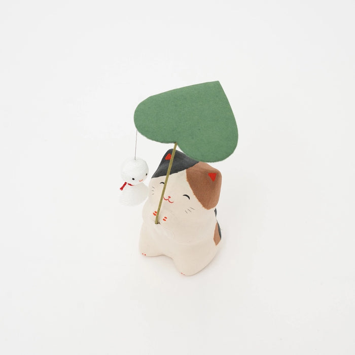 Ceramic Washi Cat w/ Leaf Figurine