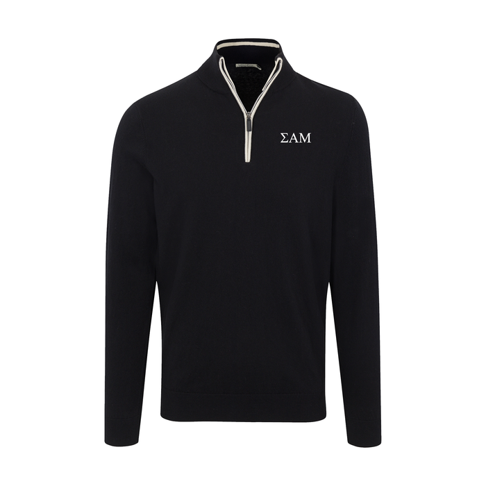 Collars & Co. Sigma Alpha Mu Black with White Trim Luxury Touch Cotton and Cashmere Quarter Zip Sweater