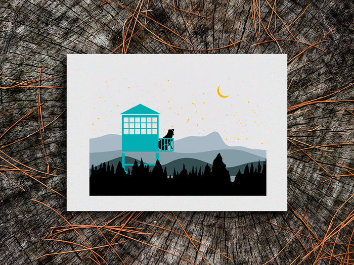 Illustration of a dog in a fire tower overlooking the mountains on a wooden surface.