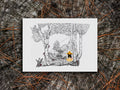 Illustration of a dog in a forest with a basket foraging for mushrooms a wood surface.