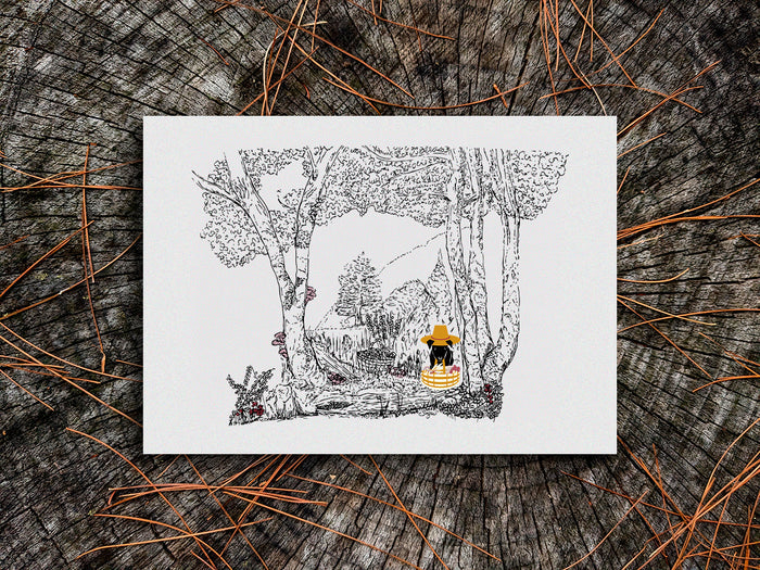 Illustration of a dog in a forest with a basket foraging for mushrooms a wood surface.