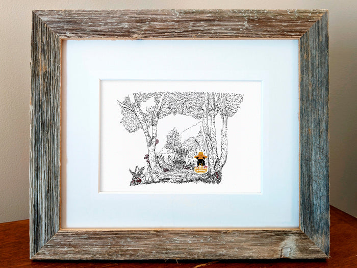 Framed illustration of a dog in a forest with a basket foraging for mushrooms.