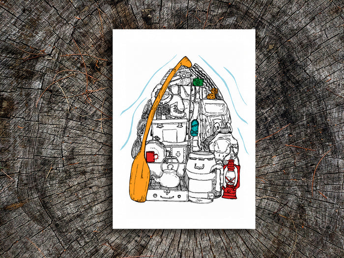 Illustration of a canoe filled with gear on a wood surface.