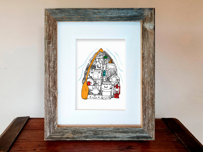 Framed illustration of a canoe filled with gear.
