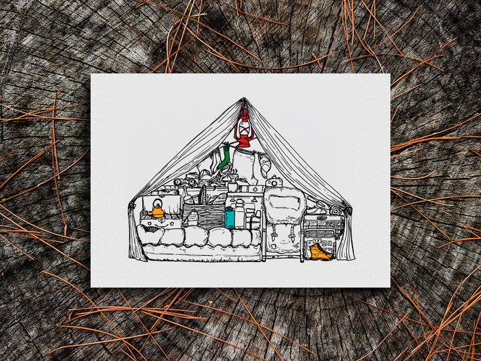 Illustration of a camping tent filled with gear on a wood surface.