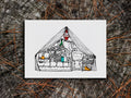 Illustration of a camping tent filled with gear on a wood surface.