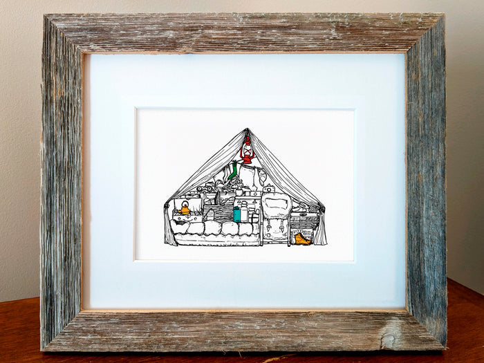 Framed illustration of a camping tent filled with gear.