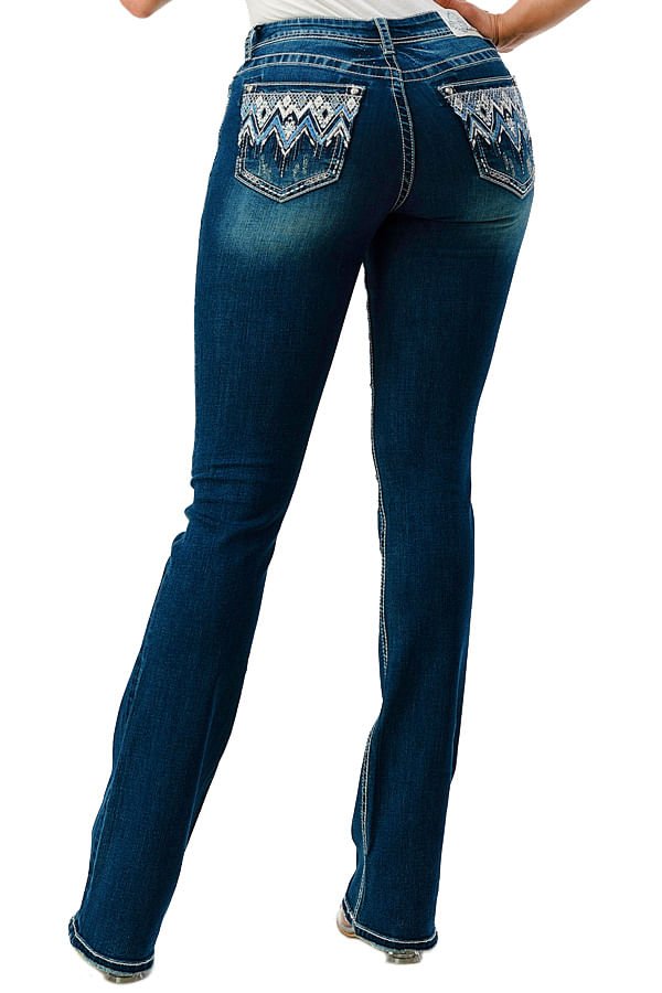 Grace in LA Women's Western Aztec Embroidered Mid Rise Bootcut Jeans - GLA58 - Dark Blue - 29 - 2