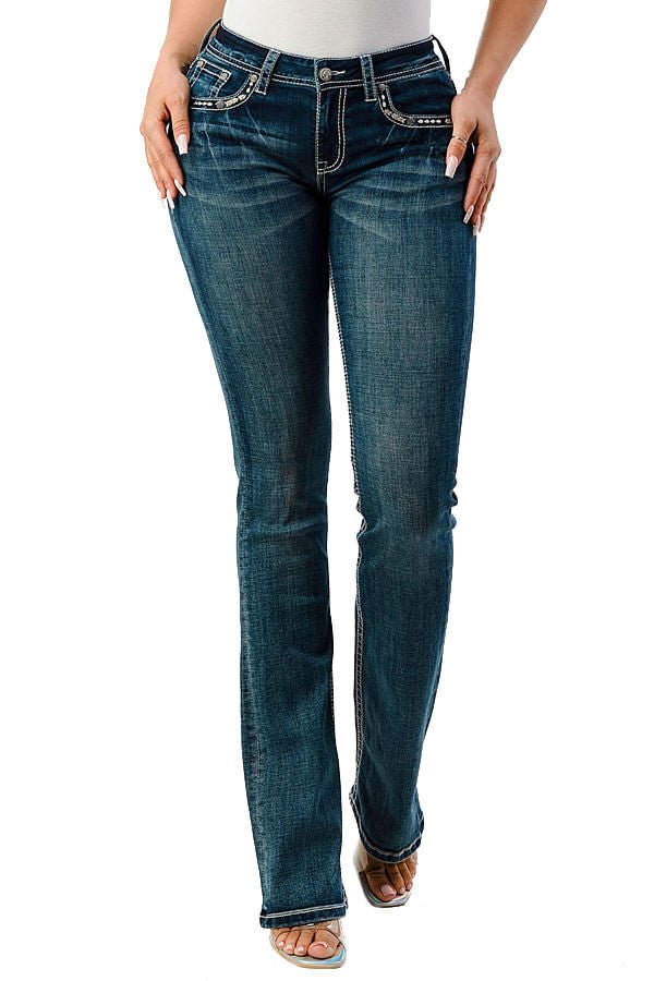 Grace in LA Women's Western Horse Embroidered Mid Rise Bootcut Jeans - GLA5E - 25 - 1