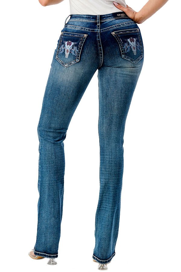 Grace in LA Women's Western Steer Head Print Mid Rise Bootcut Jeans - GLA14 - 28 - 2