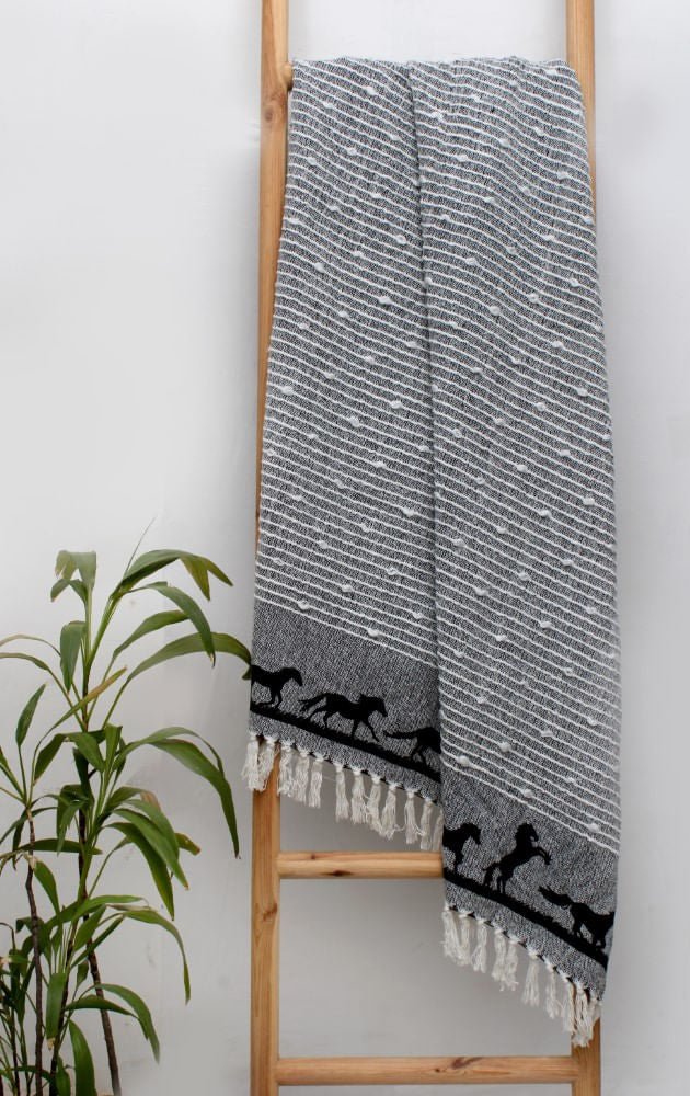 Horses Cotton Throw Blanket - AWIR5 - Black - 2