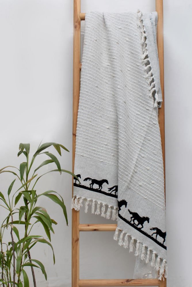 Horses Cotton Throw Blanket - AWIR6 - Grey - 3