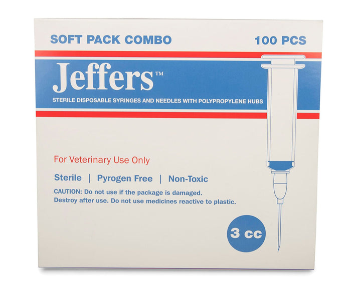 Jeffers Luer Lock Syringe/Needle Combo, Box of 100 - XQCY - Luer Lock - 3 mL L.L. w/ 22 ga x 3/4" - 3