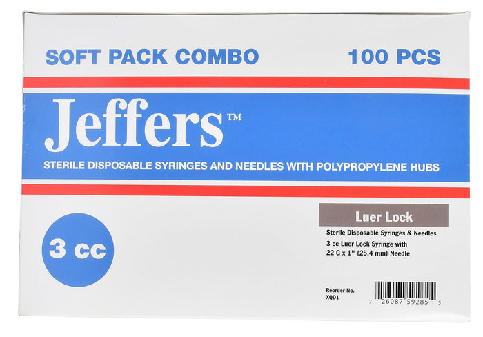 Jeffers Luer Lock Syringe/Needle Combo, Box of 100 - XQD1 - Luer Lock - 3 mL L.L. w/ 22 ga x 1" - 4