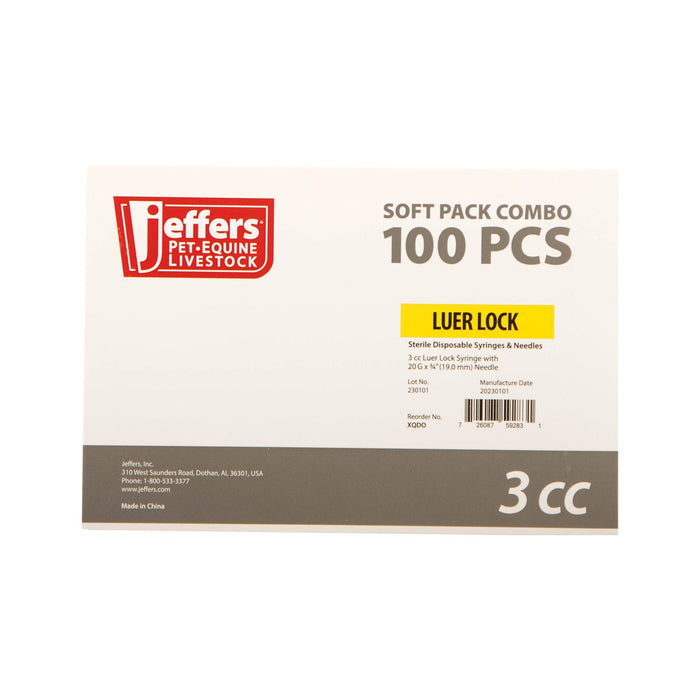 Jeffers Luer Lock Syringe/Needle Combo, Box of 100 - XQD5 - Luer Lock - 12 mL L.L. w/ 18 ga x 1" - 6