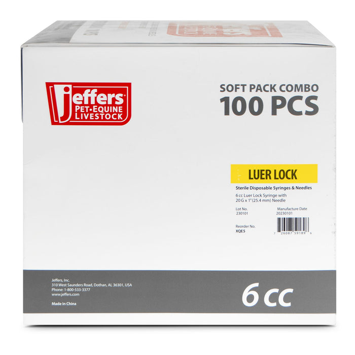 Jeffers Luer Lock Syringe/Needle Combo, Box of 100 - XQE5 - Luer Lock - 6 mL L.L. w/ 20 ga x 1" - 9