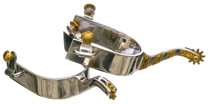 Jeffers Men's Western & Barrel Racing Spurs – Stainless Steel, Antique Brown & Brass Trim Horse Riding Spurs with 10 - Point Rowels - A8AG - Stainless Steel 2 - 3/4" Cutting Spurs with Brass Trim & 10 - point Rowel - Pair - 2 ct - 7