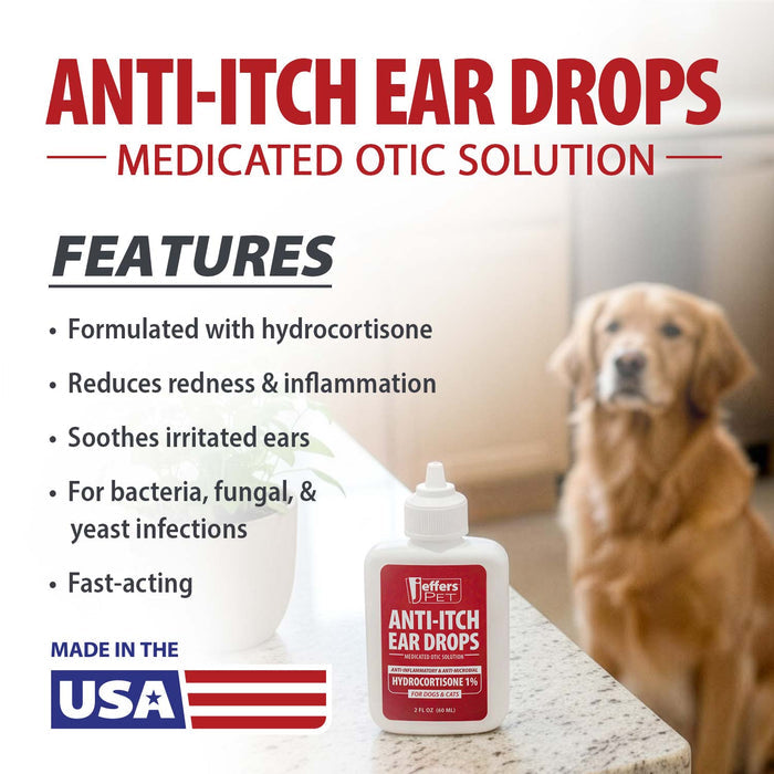 Jeffers Pet Anti - Itch Ear Drops with Hydrocortisone Ear Relief for Dogs & Cats - JEF2RH - 2 fl oz - 5
