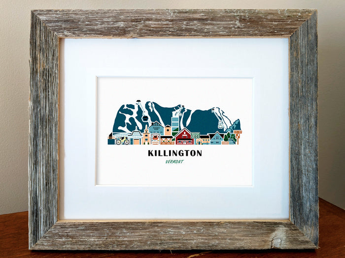 Framed art print of buildings arranged in a skyline with the text Killington Vermont