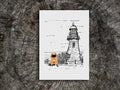 Art print with illustration of a dog in a yellow fisherman's jacket with lighthouse in the background.