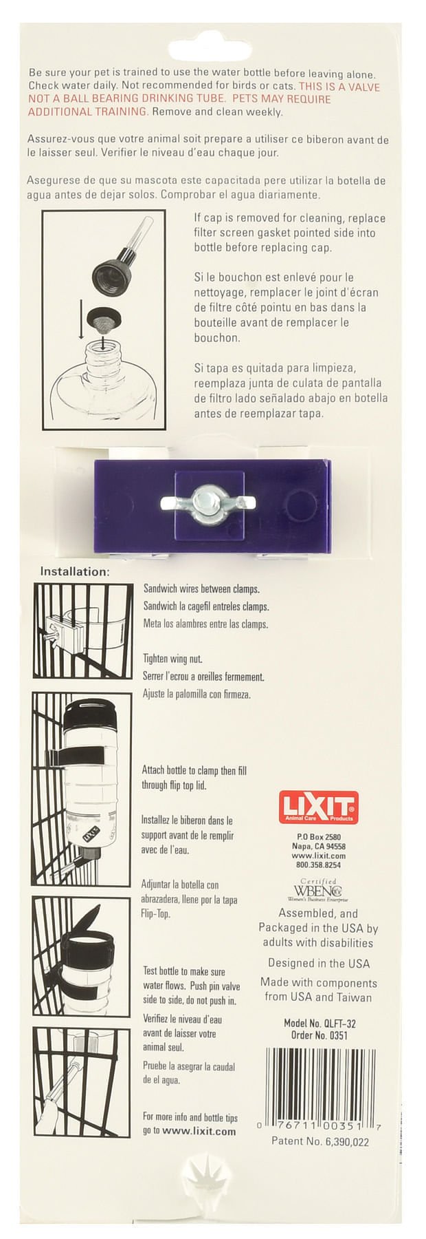 Lixit Quick Lock Flip Top Plastic Water Bottle for Small Pets - L8Q3 - 32 oz - 4