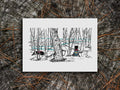 Print of two black dogs in a forest collecting maple syrup