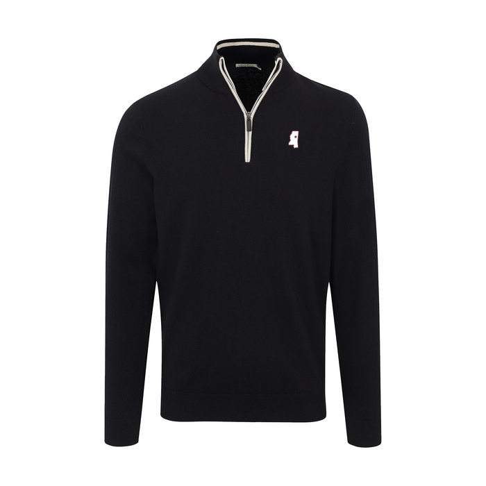 Mississippi State Black with White Trim Luxury Touch Cotton and Cashmere Quarter Zip Sweater