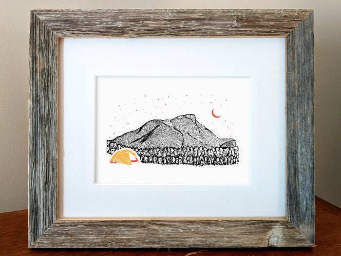 Framed art print of a yellow and orange tent with a mountain in the background and starry night sky
