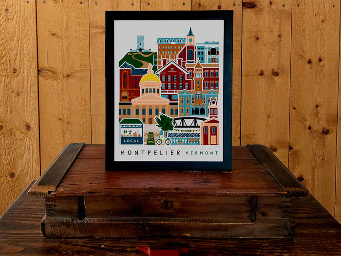 Framed vertical poster with buildings and landmarks in a stacked arrangement with the text Montpelier Vermont.