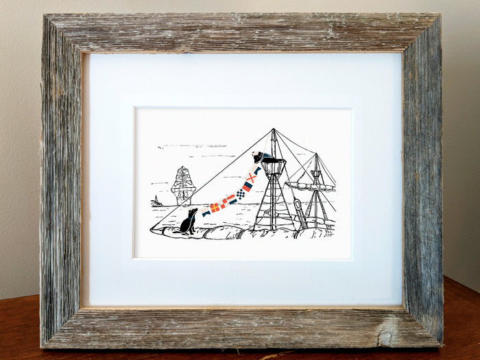 Framed art print with illustration of two dogs hanging nautical flags on a ship