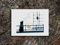 Art print with illustration of a dog looking at a constellation from a ship with a sextant
