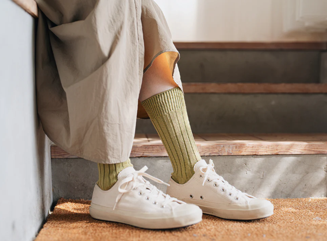 Nishiguchi Kutsushita Egyptian Cotton Ribbed Socks | Building Pistachio (2026 Limited Color)