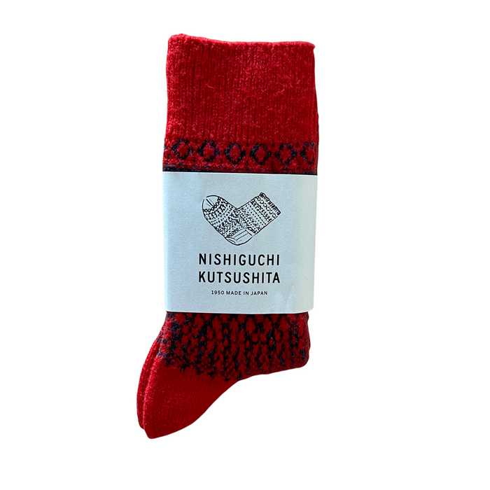 Nishiguchi Kutsushita Wool Jacquard Socks | Red Color