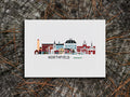 Art print of buildings arranged in a skyline with the text Northfield Vermont