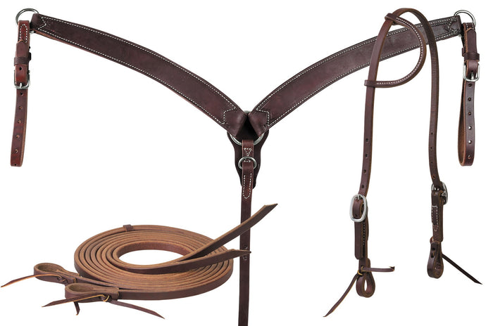 Oiled Harness Leather Tack Set with Sliding Ear Headstall Kit - WLC2GS - 1