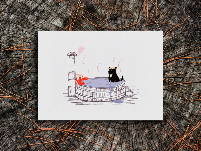 Illustration of a dog in a hot tub with a lobster on a wooden surface.