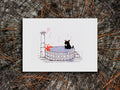Illustration of a dog in a hot tub with a lobster on a wooden surface.