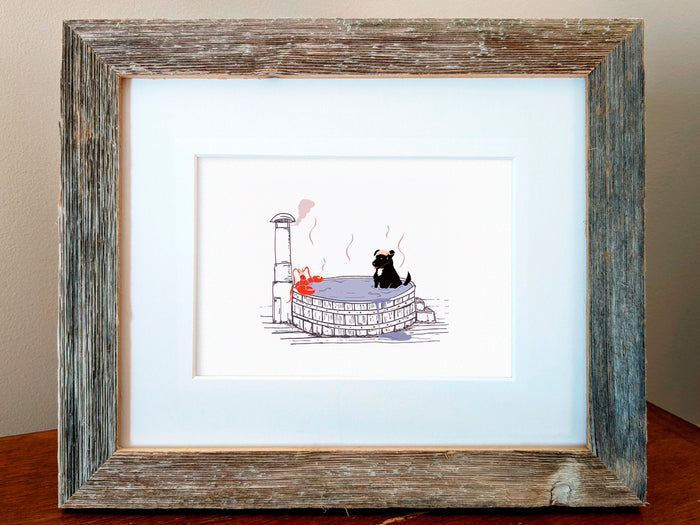 Framed illustration of a dog in a hot tub with a lobster.