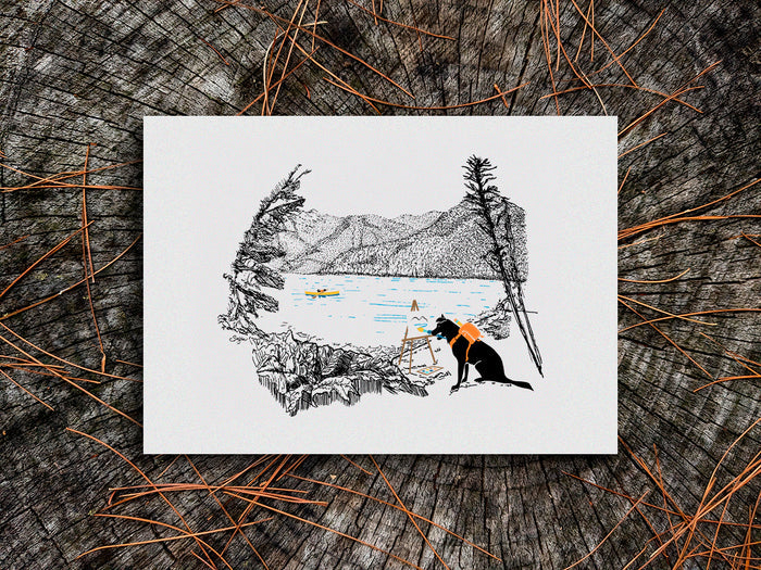 Illustration of a dog painting in front of a lake on a wood surface.
