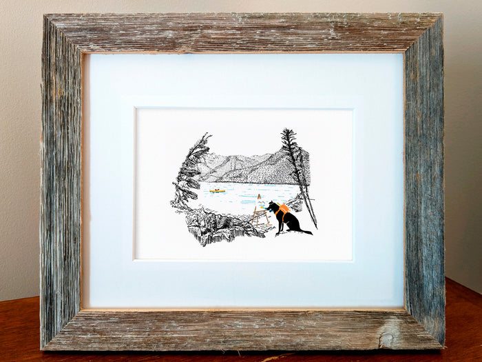 Framed illustration of a dog painting in front of a lake.
